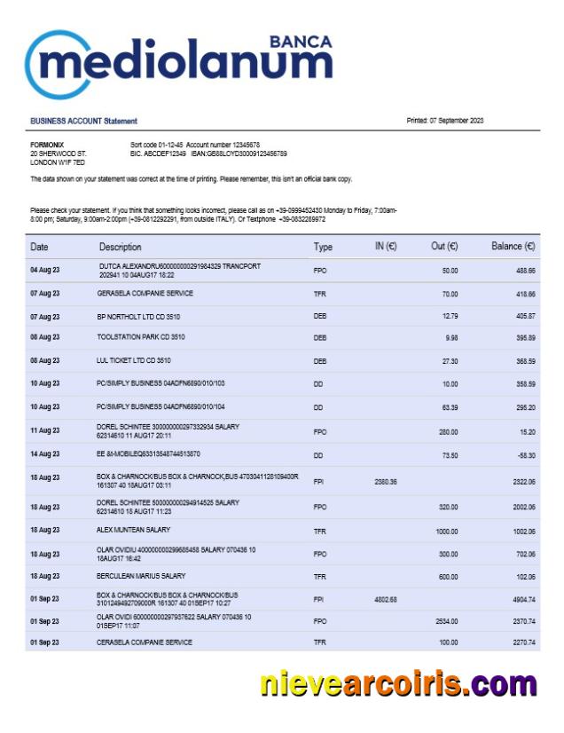 Banca Mediolanum firm account statement